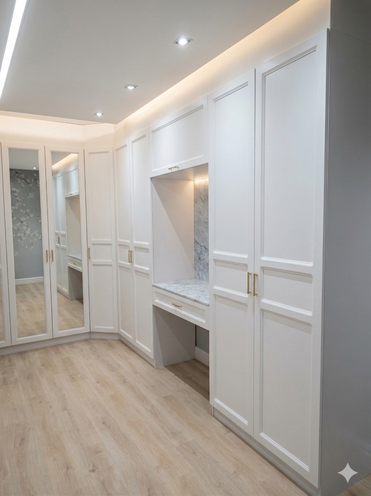 غرفة ملابس بدواليب بيضاء كلاسيكية ومقابض ذهبية من Huge Home