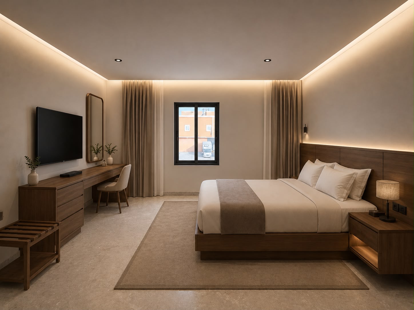 غرفة فندقية مجهزة بتصميم خشبي دافئ من Huge Home